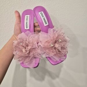 Steve Madden Purple PVC Clear Heel Lipa Slide Mule With Crystal Butterfly Flower